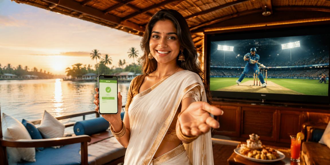Happy player logging into online cricket betting platform in Kerala
